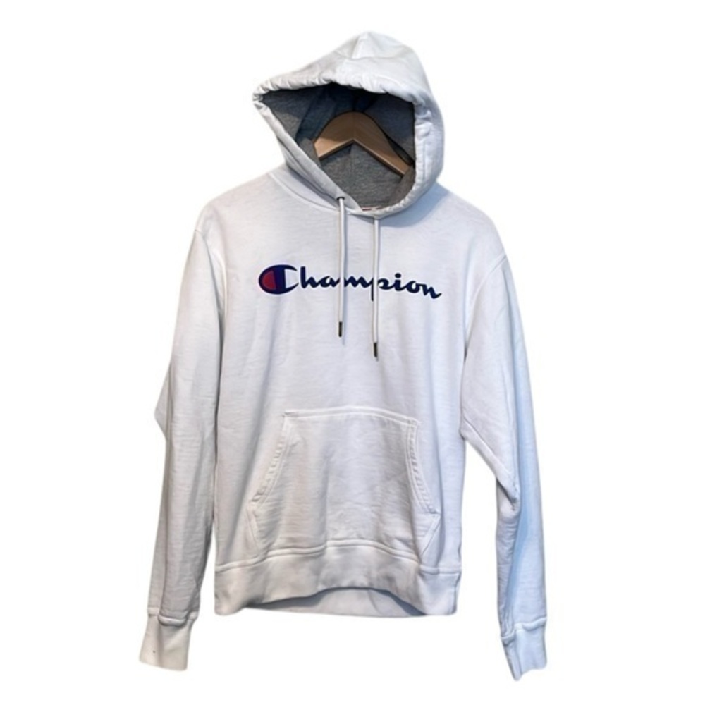 Champion Hoodie Sweatshirt White/Blue Size Small